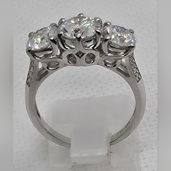 Moissanite Trilogy Ring in Rhodium Over Sterling Silver - Picture 1 of 15
